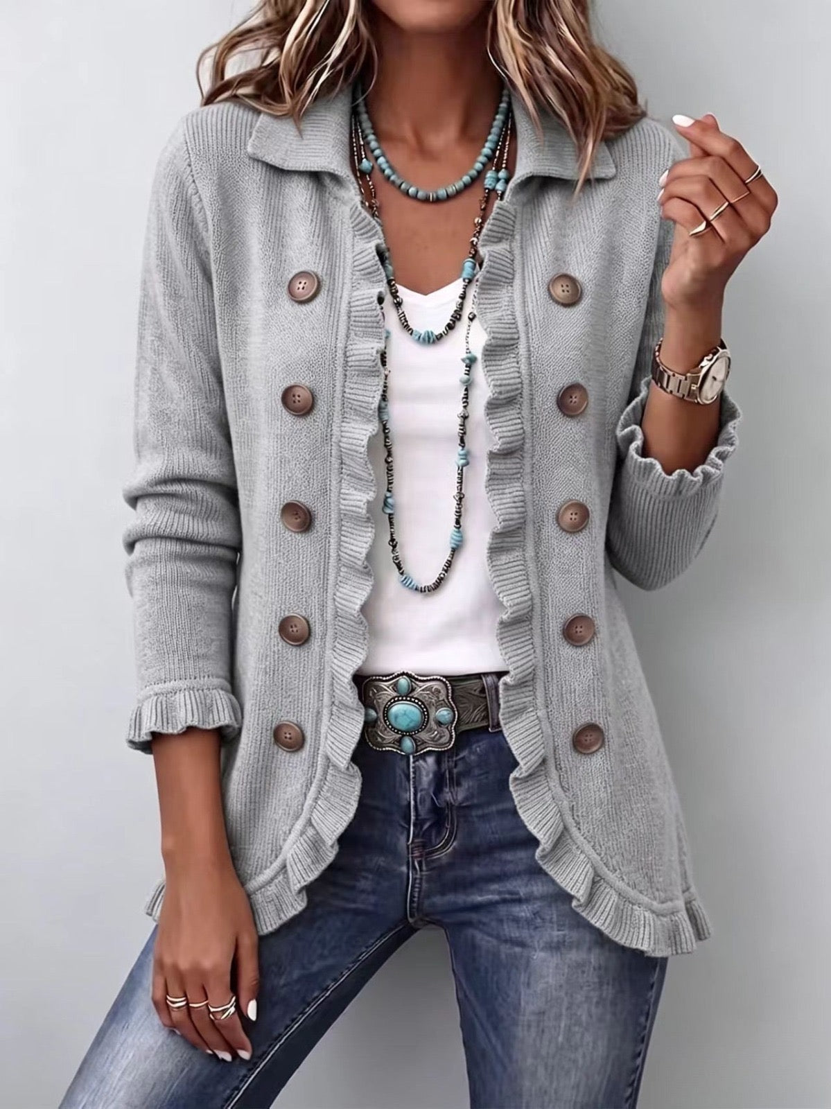 Grey Marl Ribbed Knit Cardigan with Ruffles