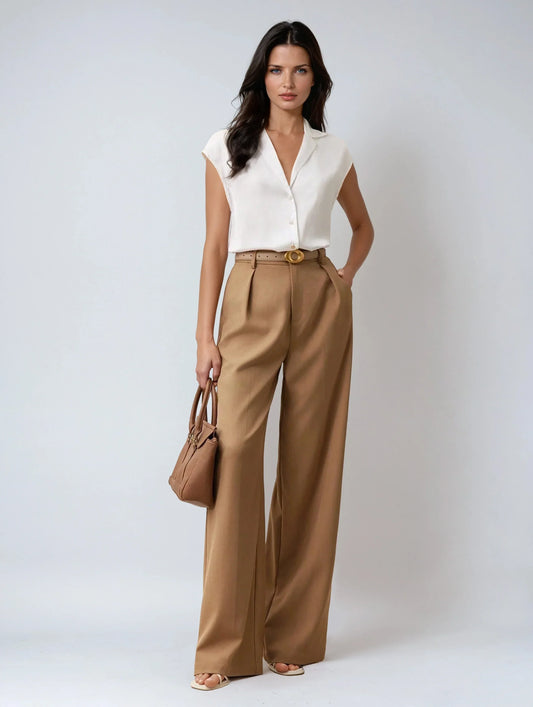 Blusa Satinada con Solapa y Bolsillos