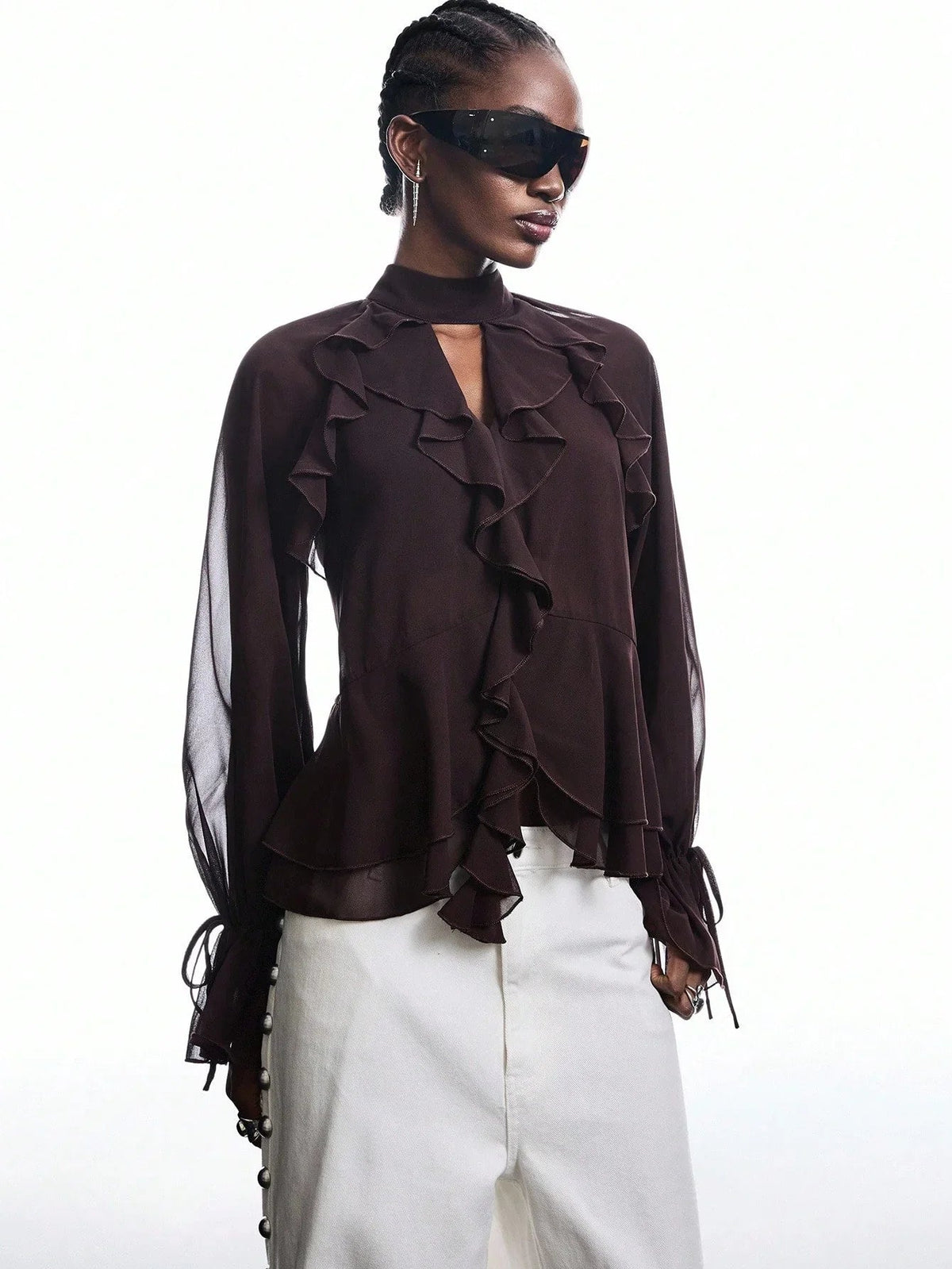 Blouse with Neck Tie and Ruffle Sleeves