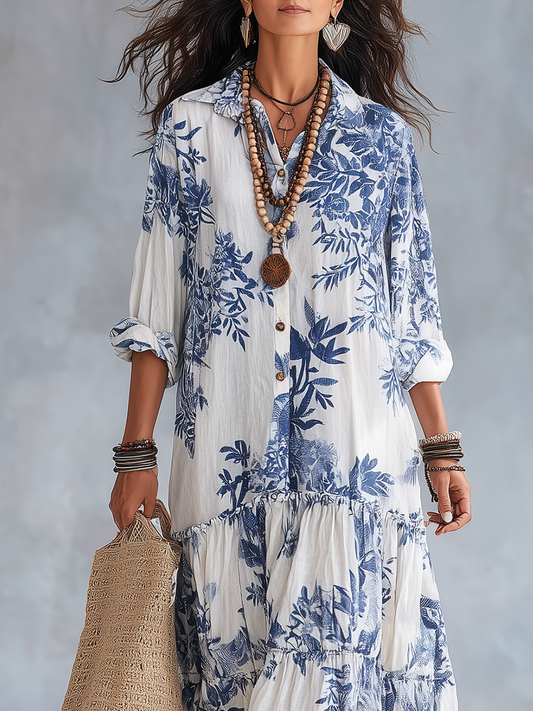 Dahlia | Vestido Maxi Boho con Botones Florales Azules
