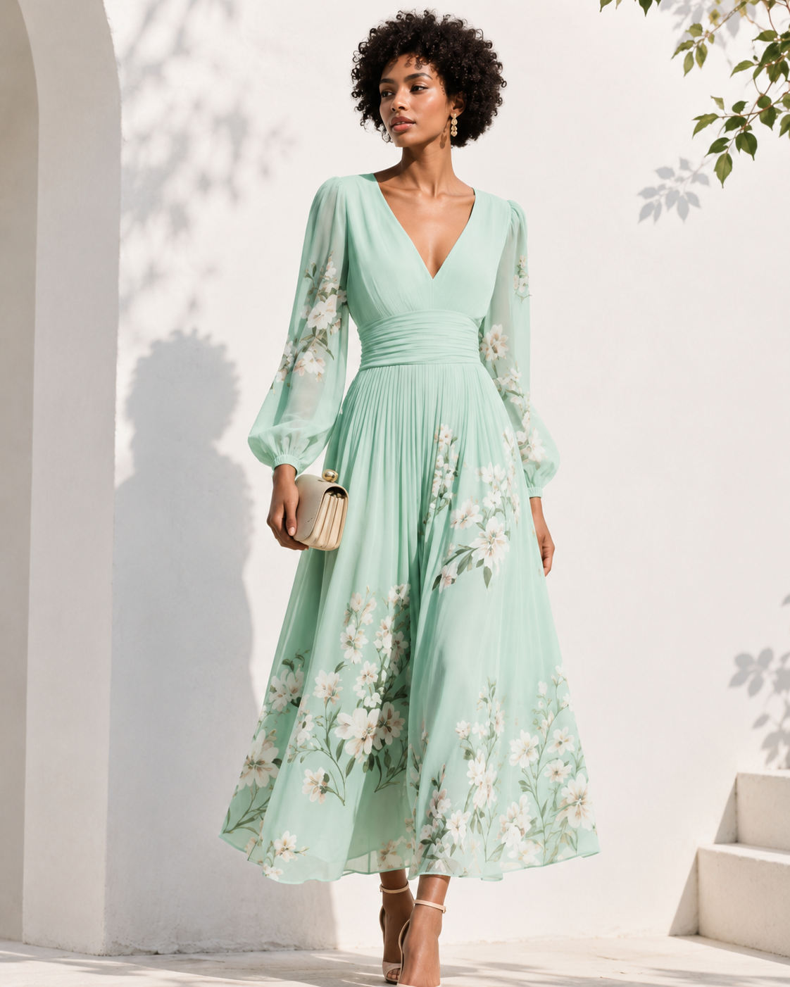 Vestido Maxi de Gasa Verde Menta con Escote en V
