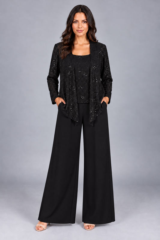 Zelinda | Completo Tre Pezzi con Giacca di Paillettes e Pantalone Ampio