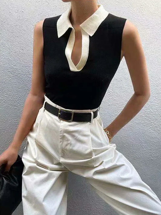 Body de Punto con Cuello en V y Ribete en Contraste