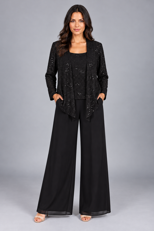 Zelinda | Conjunto de Tres Piezas con Chaqueta de Lentejuelas y Pantalón Ancho