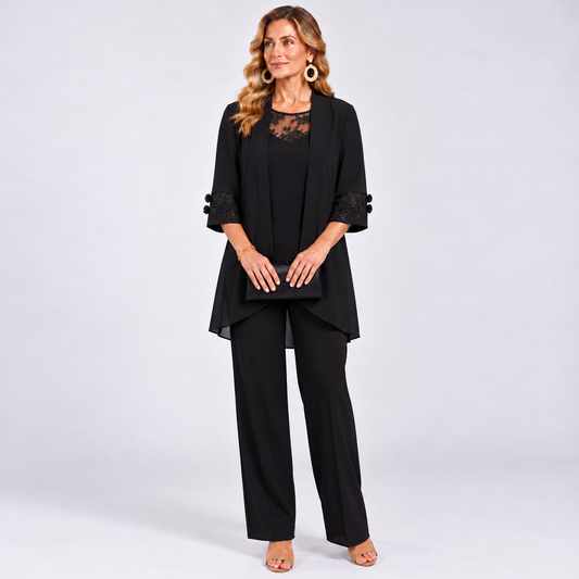Prisca | Conjunto de Tres Piezas con Chaqueta de Gasa y Pantalón Ancho