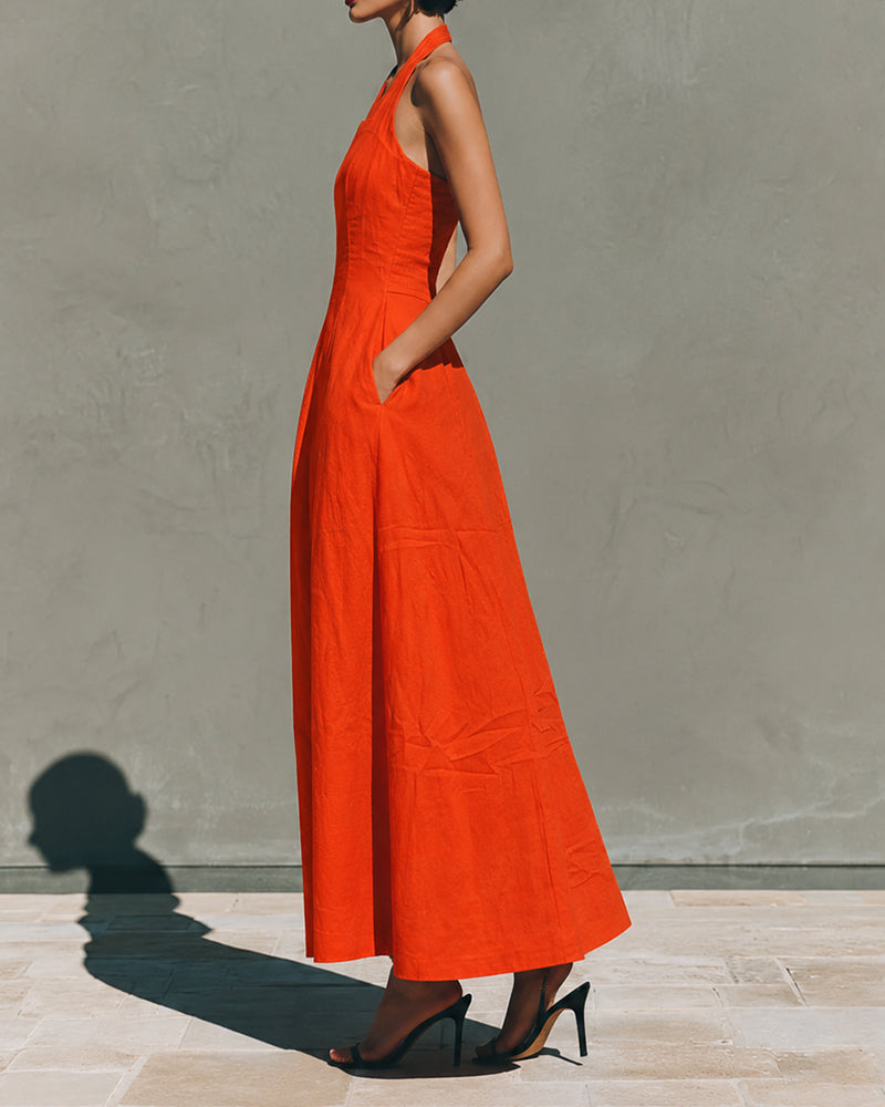 Colette | Vestido de Algodón y Lino con Cuello Halter, Estilo Retro