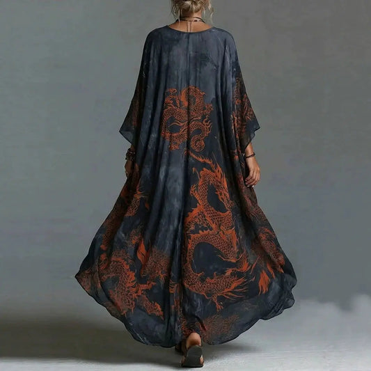 Yvette | Vestido Elegante con Escote en V, Estampado Vintage y Mangas Murciélago
