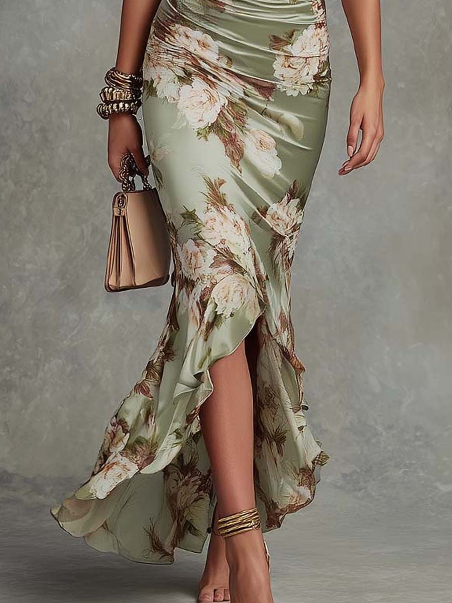 Asymmetrical Satin Maxi Dress with Bell Sleeves