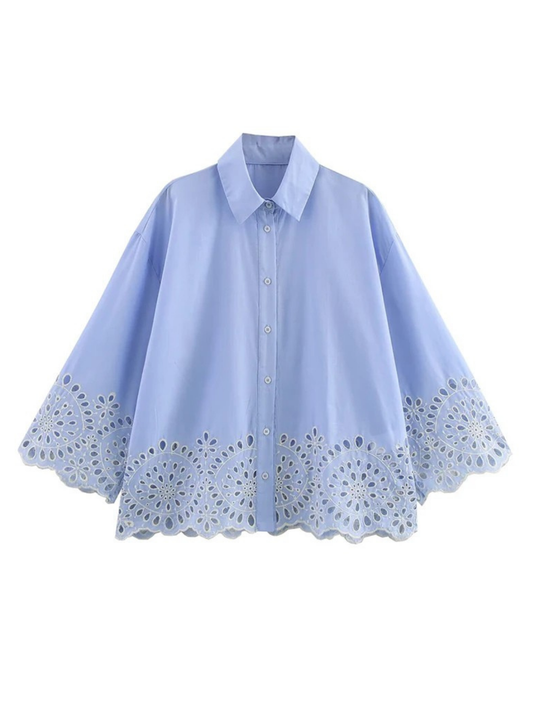 Camisa Bordada con Calados y Solapa