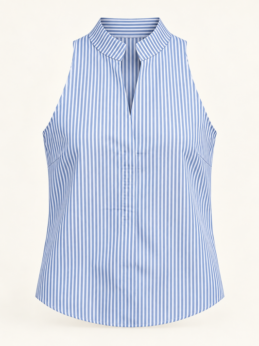 Blusa de Rayas sin Mangas con Cuello Mao