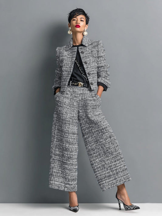 Leontina | Conjunto de Chaqueta Corta Efecto Tweed y Pantalón Ancho