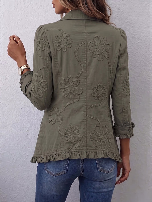 Alejandrina | Chaqueta Boho-Chic Bordada con Flores Verde Retro y Acabados Fruncidos