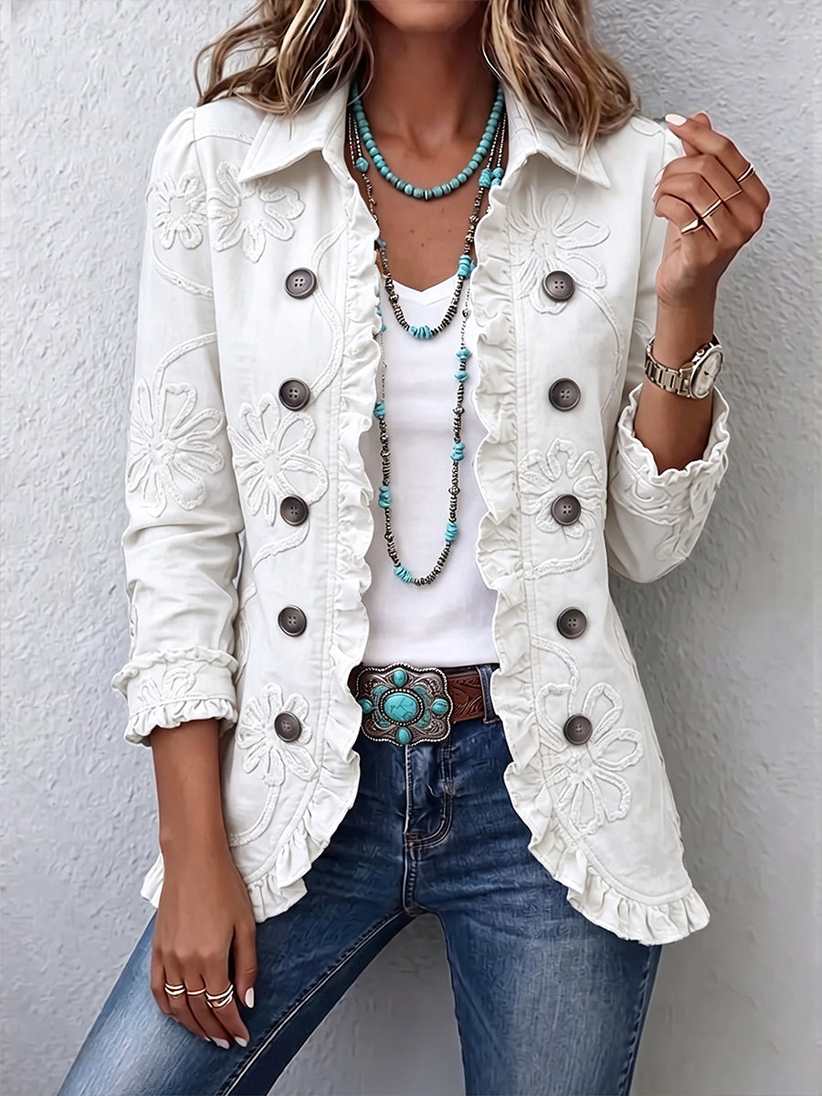 Camila | Chaqueta Boho-Chic Bordada con Flores Marfil y Acabados Fruncidos