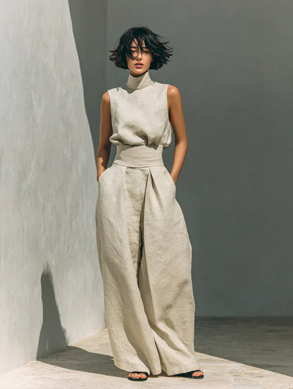 FLOR | CONJUNTO MINIMALISTA DE TOP SIN MANGAS Y PANTALÓN DE PIERNA ANCHA EN ALGODÓN Y LINO