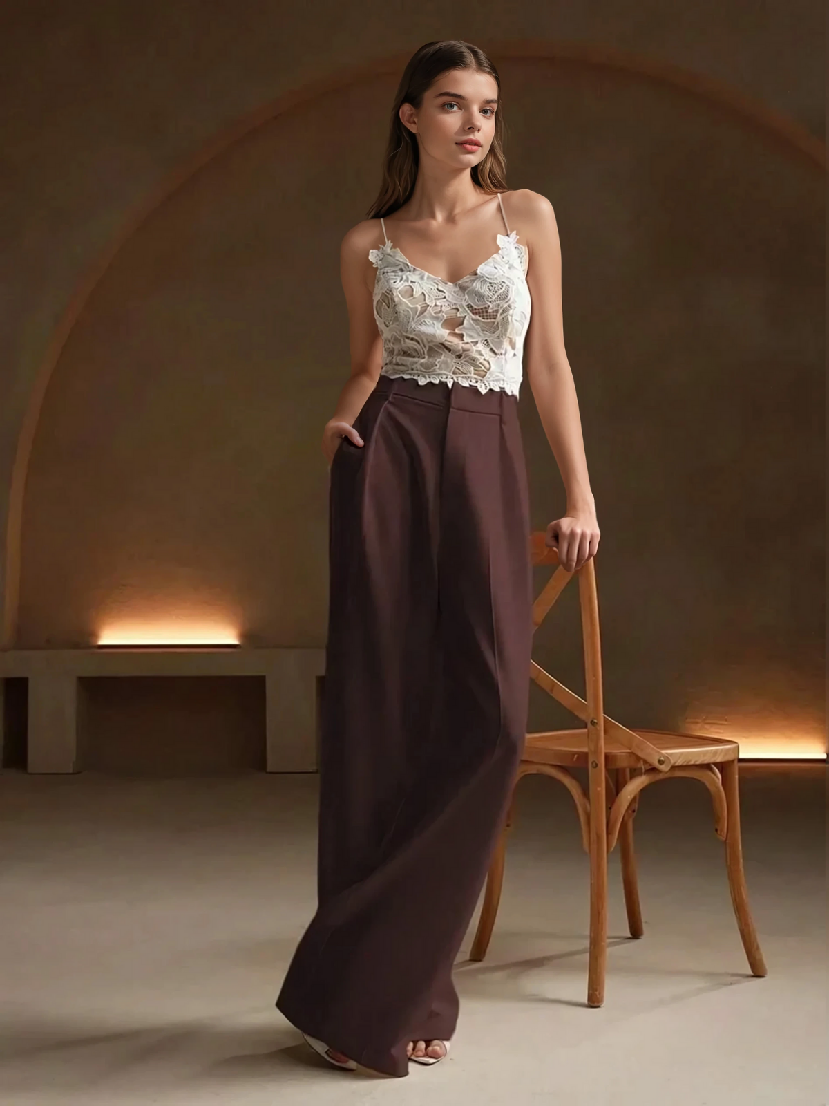 Wide-Leg Pleated Trousers with Zipper