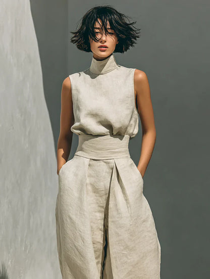 FLOR | CONJUNTO MINIMALISTA DE TOP SIN MANGAS Y PANTALÓN DE PIERNA ANCHA EN ALGODÓN Y LINO