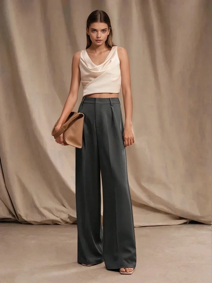 Wide-Leg Pleated Trousers with Zipper