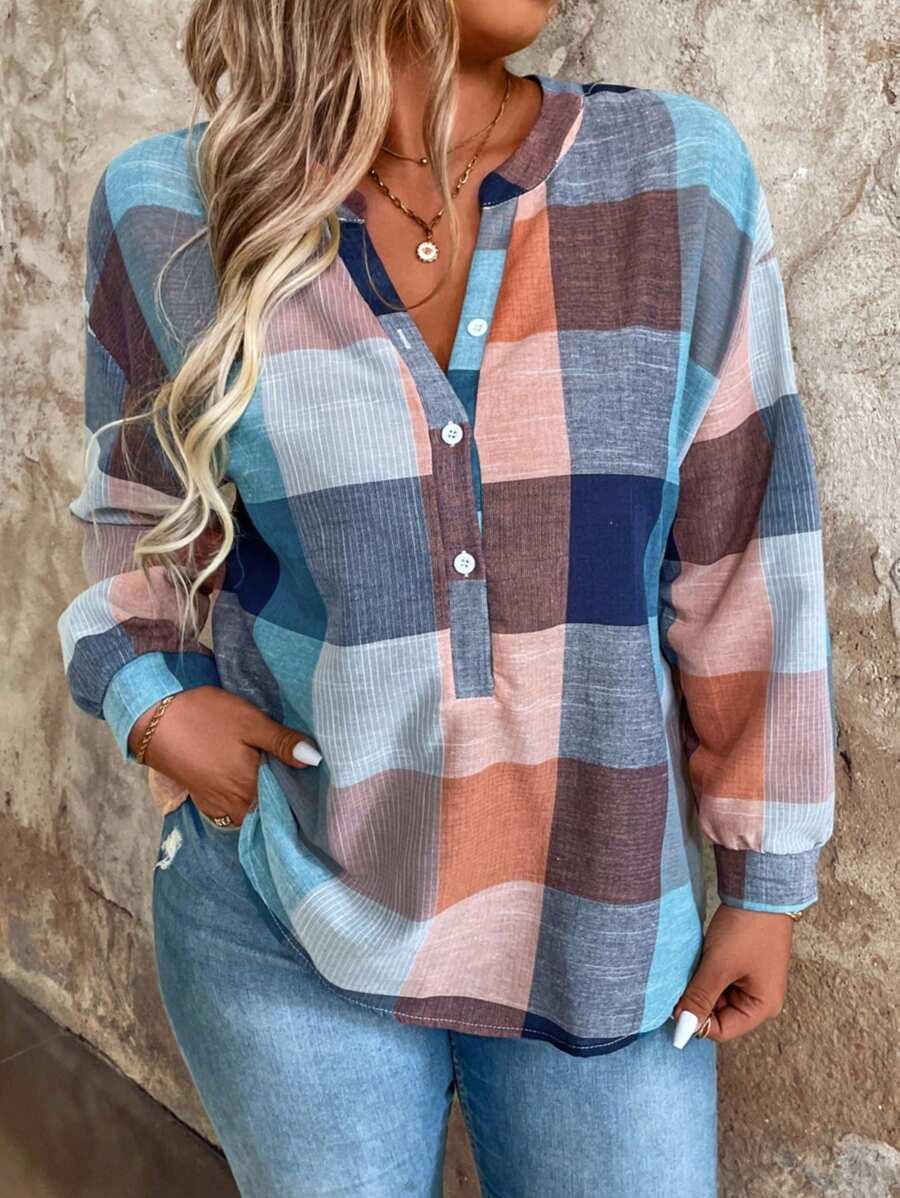 Plus Size Off-Shoulder Plaid Blouse