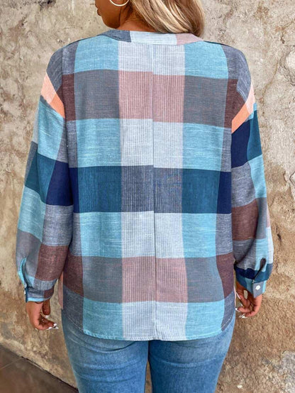 Plus Size Off-Shoulder Plaid Blouse
