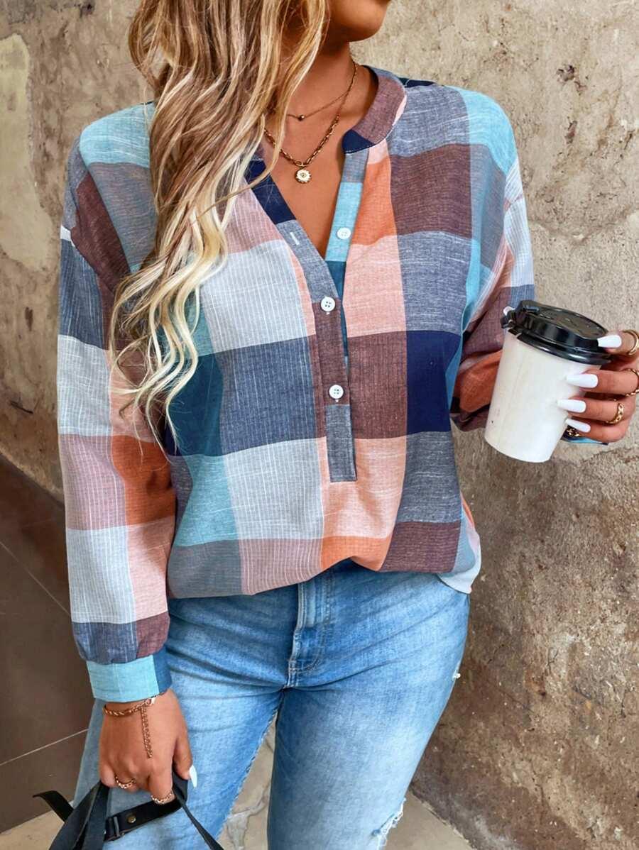 Plus Size Off-Shoulder Plaid Blouse