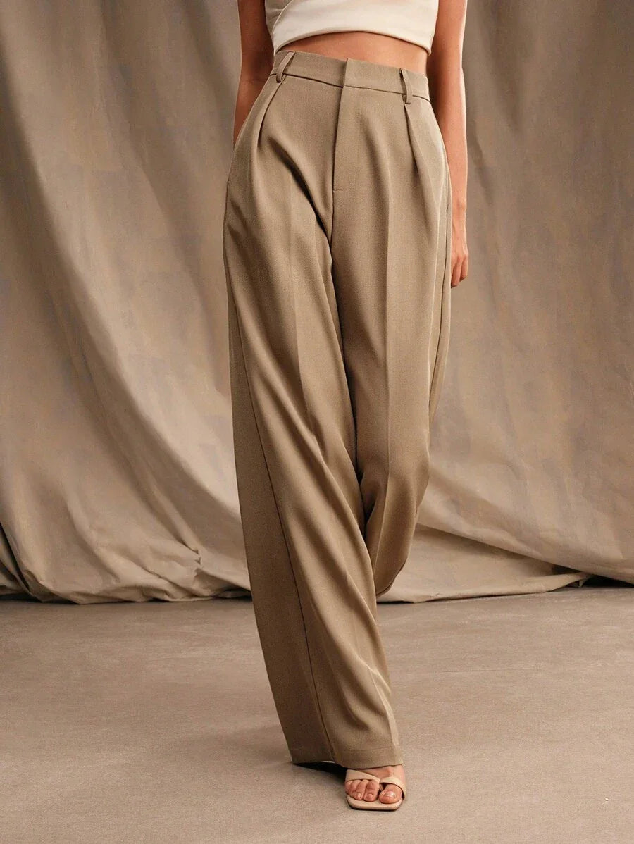 Wide-Leg Pleated Trousers with Zipper