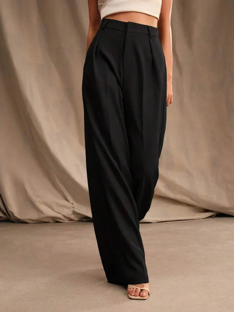Wide-Leg Pleated Trousers with Zipper