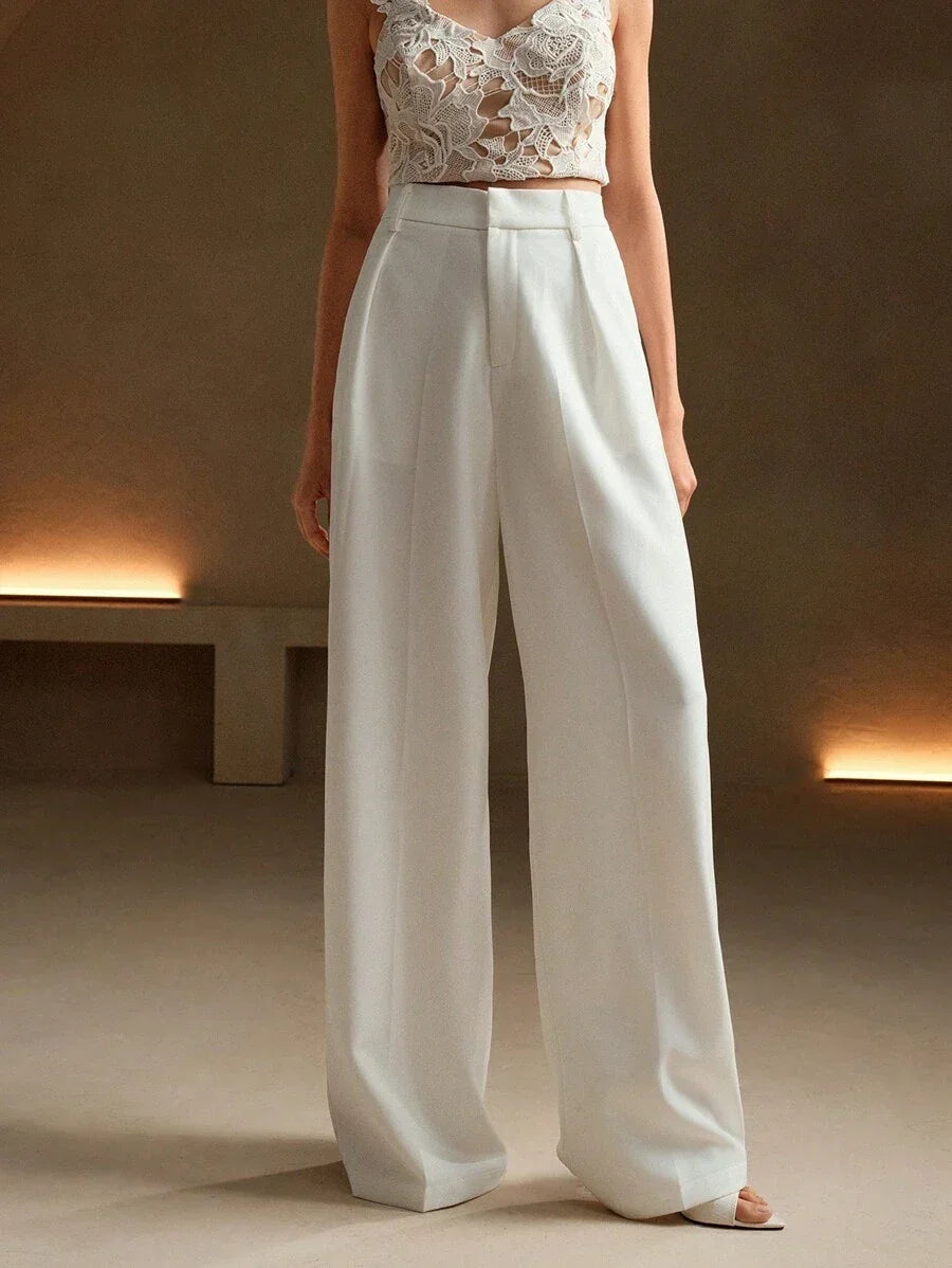 Wide-Leg Pleated Trousers with Zipper