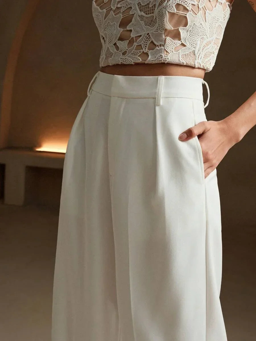 Wide-Leg Pleated Trousers with Zipper