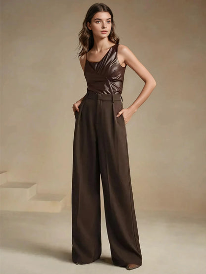 Wide-Leg Pleated Trousers with Zipper