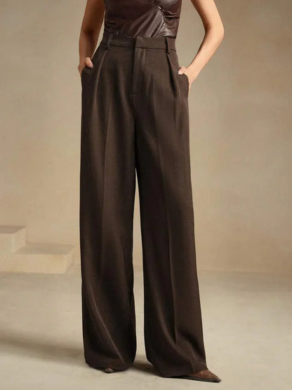 Wide-Leg Pleated Trousers with Zipper