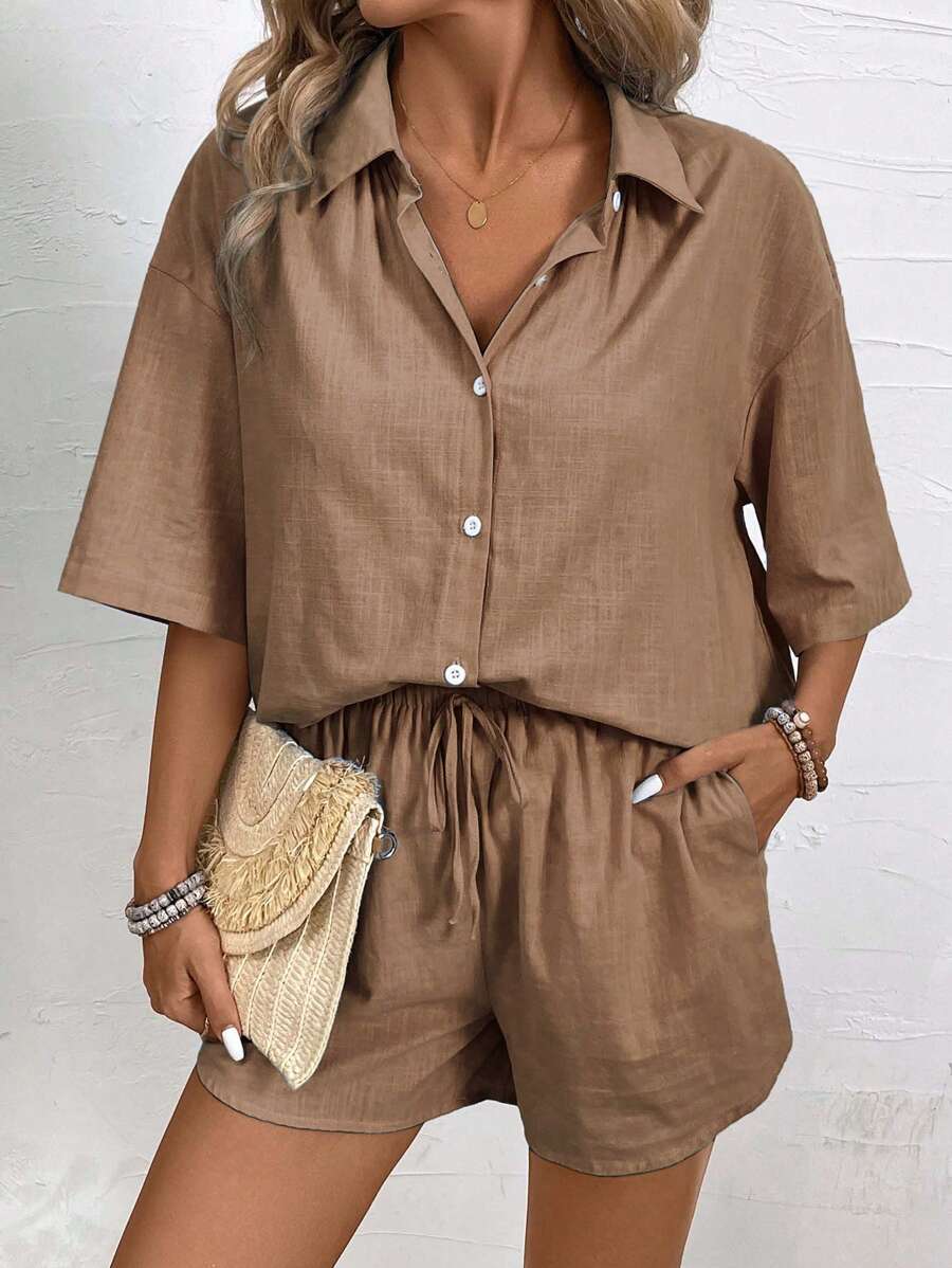 Knot-Front Blouse and Shorts Set