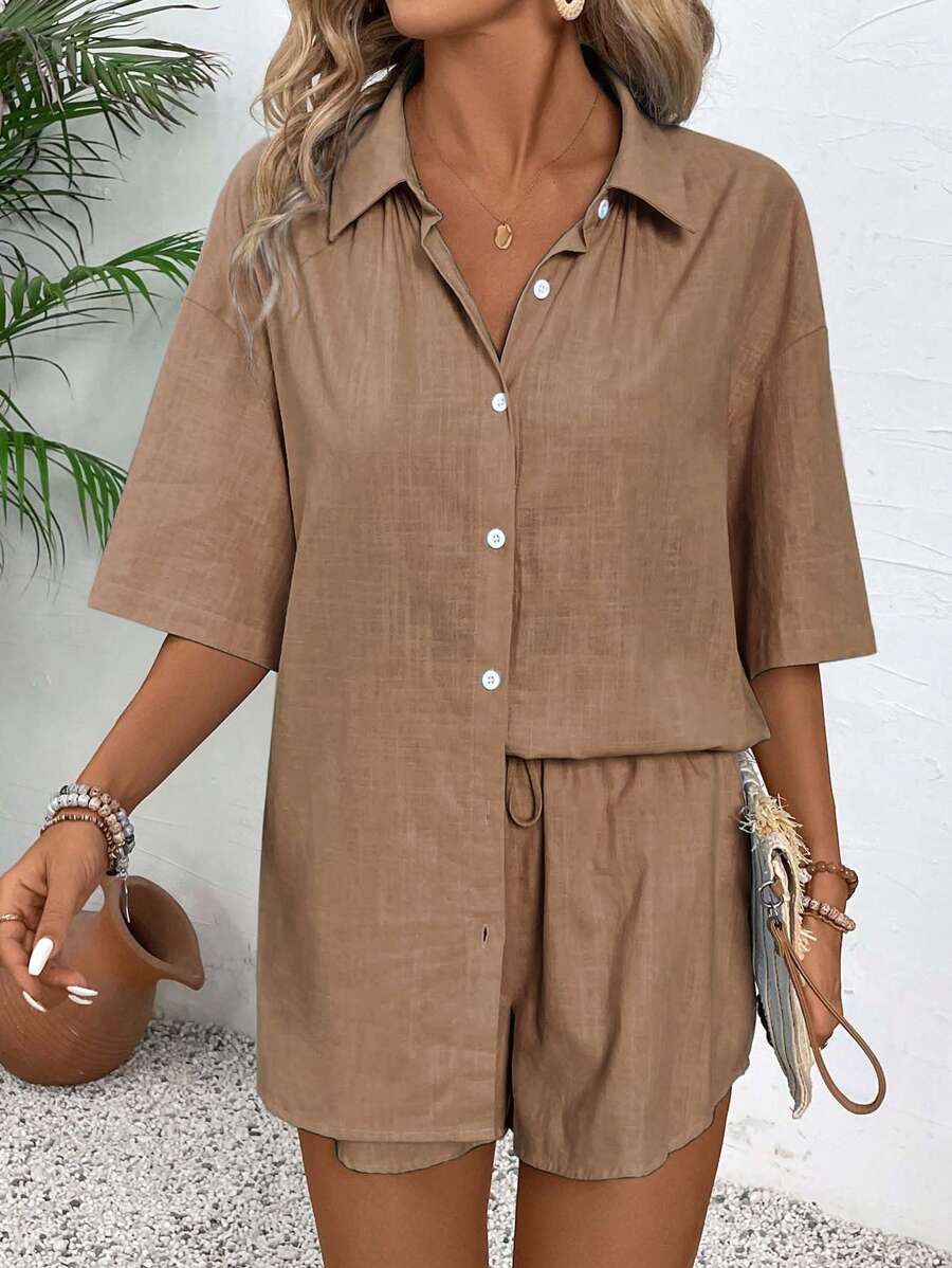 Knot-Front Blouse and Shorts Set