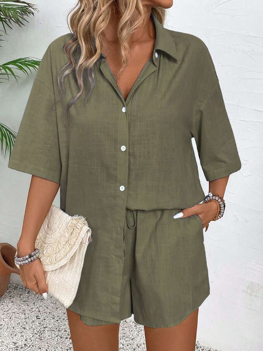 Knot-Front Blouse and Shorts Set