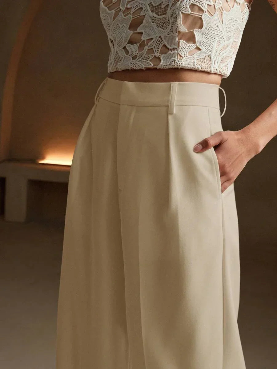 Wide-Leg Pleated Trousers with Zipper