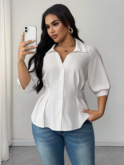 Plus Size Blouse with Gathered Neck and Waist
