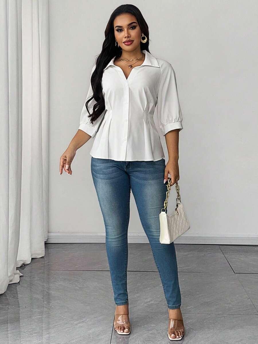 Plus Size Blouse with Gathered Neck and Waist