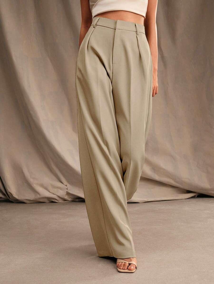 Wide-Leg Pleated Trousers with Zipper
