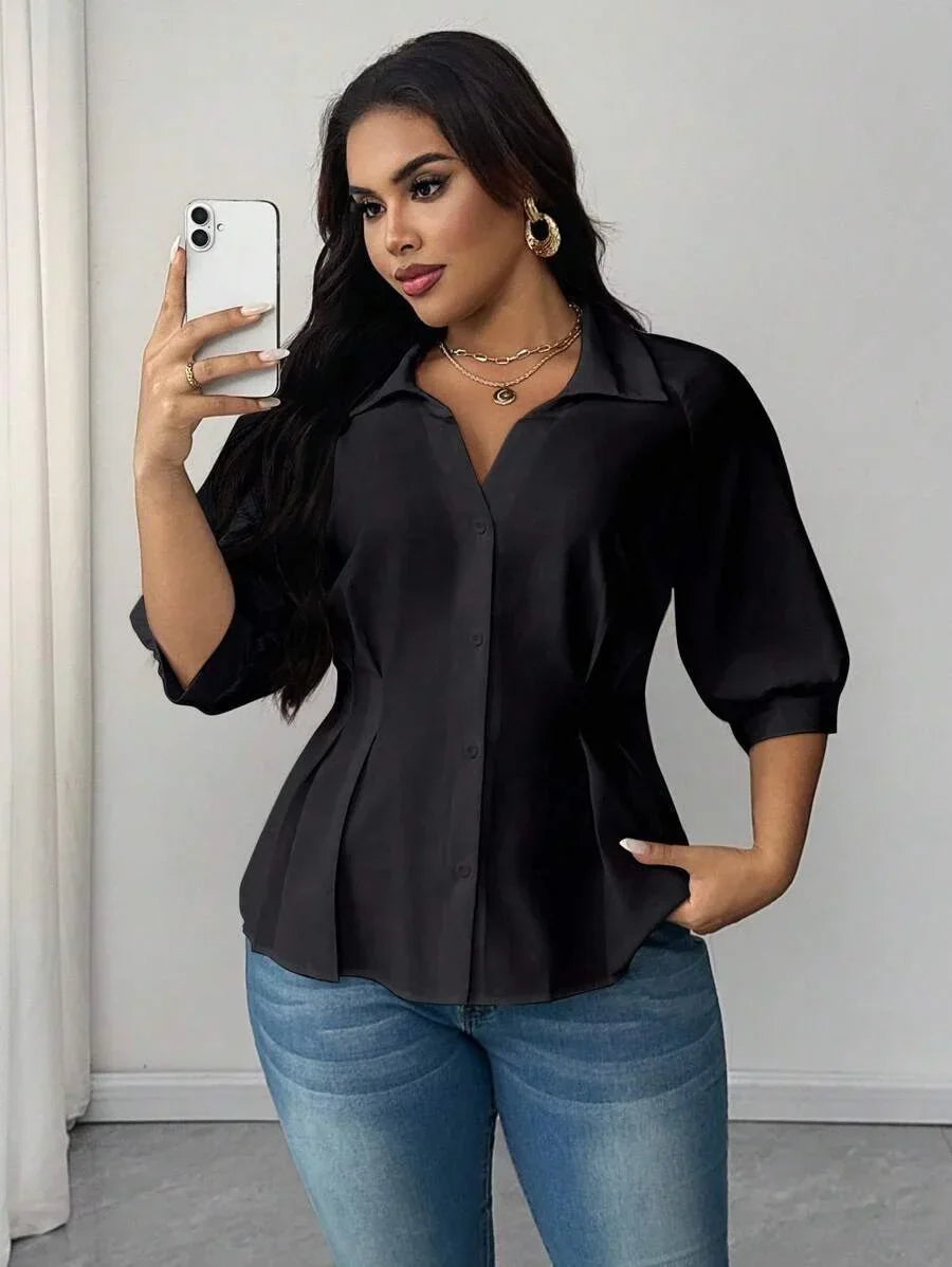 Plus Size Blouse with Gathered Neck and Waist