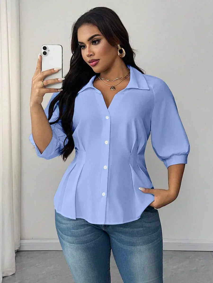 Plus Size Blouse with Gathered Neck and Waist