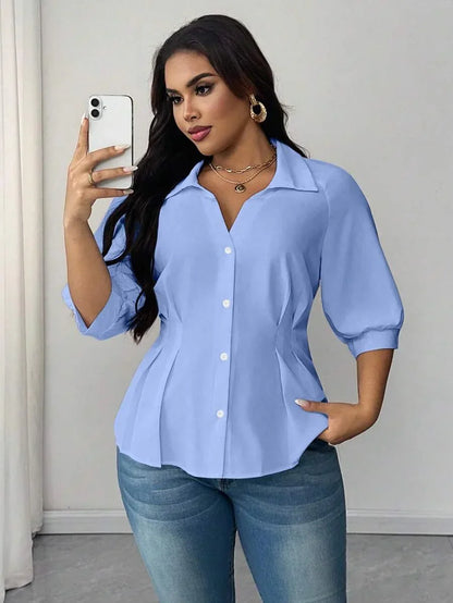 Plus Size Blouse with Gathered Neck and Waist