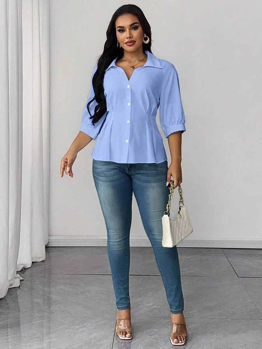 Plus Size Blouse with Gathered Neck and Waist