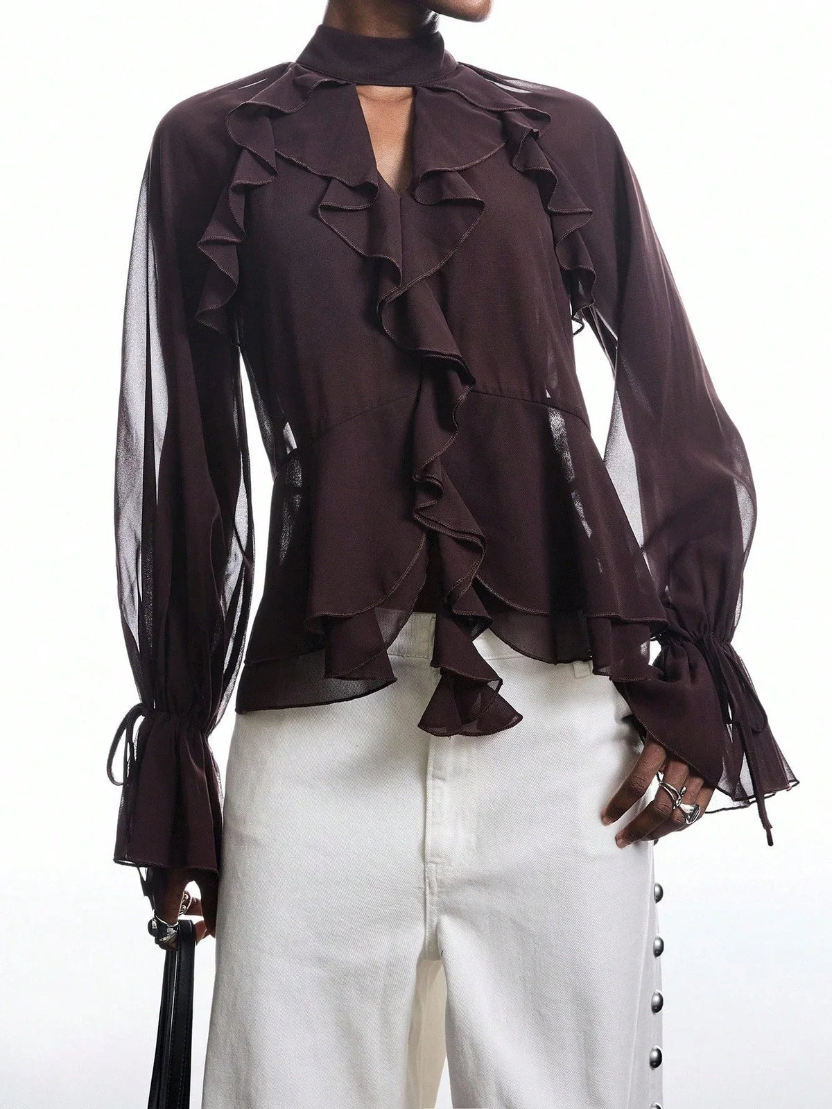Blouse with Neck Tie and Ruffle Sleeves