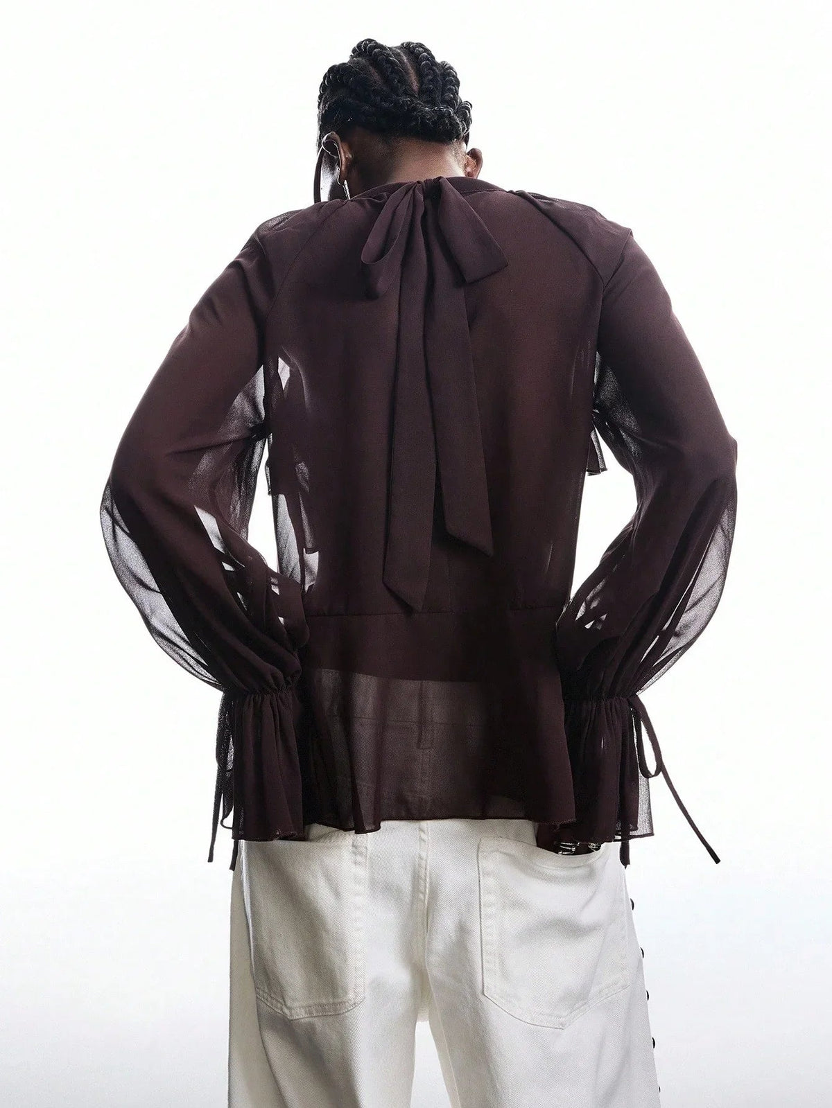 Blouse with Neck Tie and Ruffle Sleeves