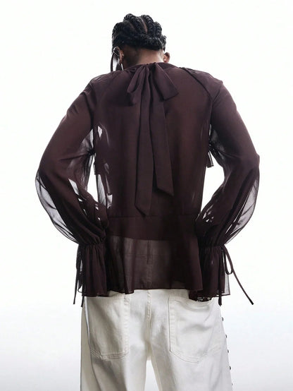 Blouse with Neck Tie and Ruffle Sleeves