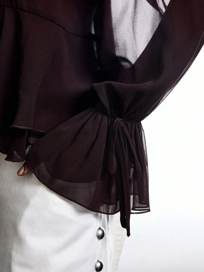 Blouse with Neck Tie and Ruffle Sleeves