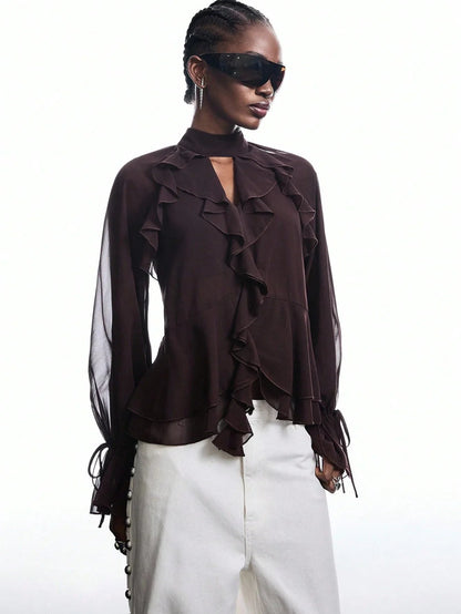 Blouse with Neck Tie and Ruffle Sleeves