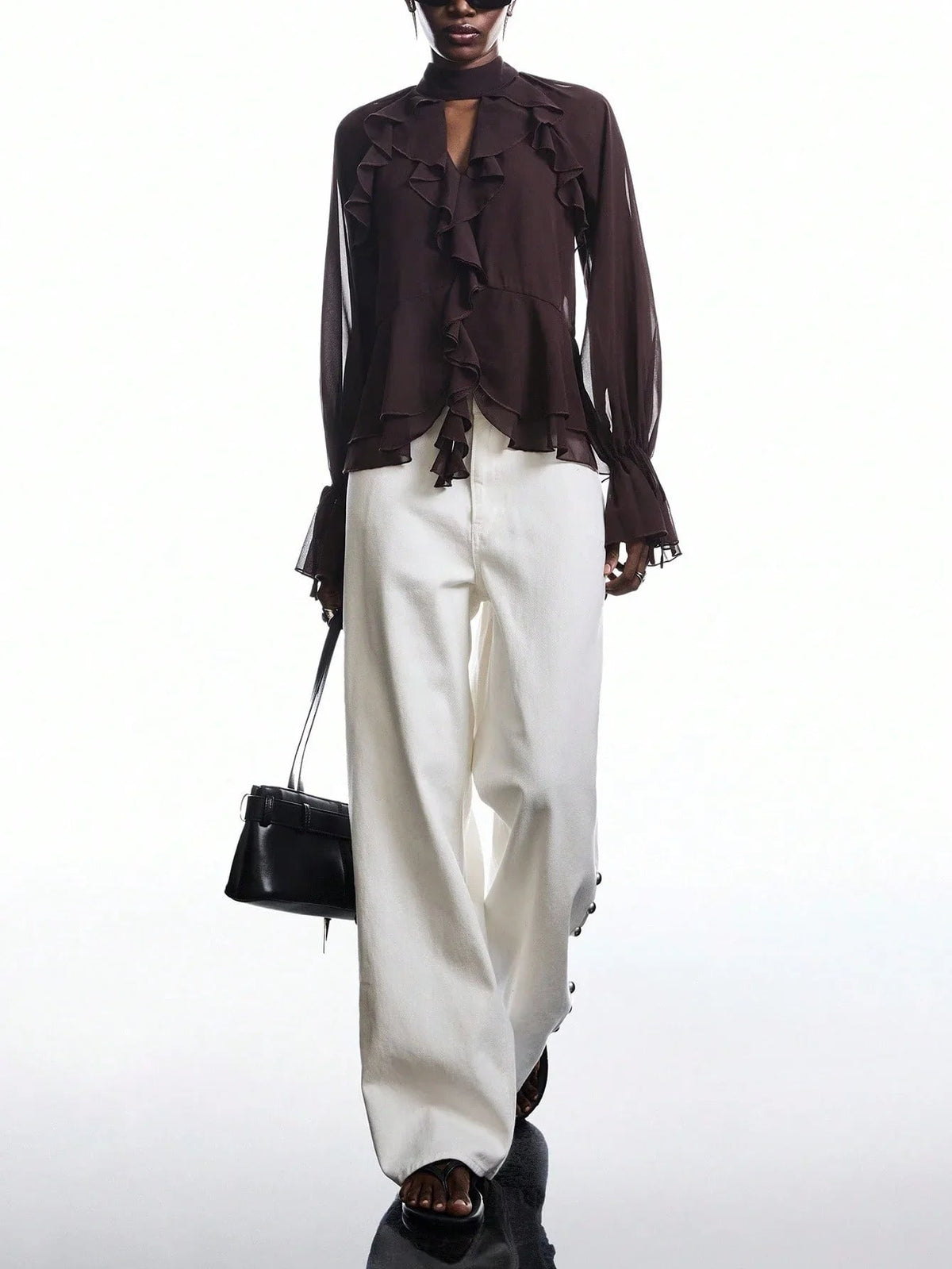 Blouse with Neck Tie and Ruffle Sleeves