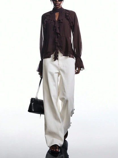 Blouse with Neck Tie and Ruffle Sleeves