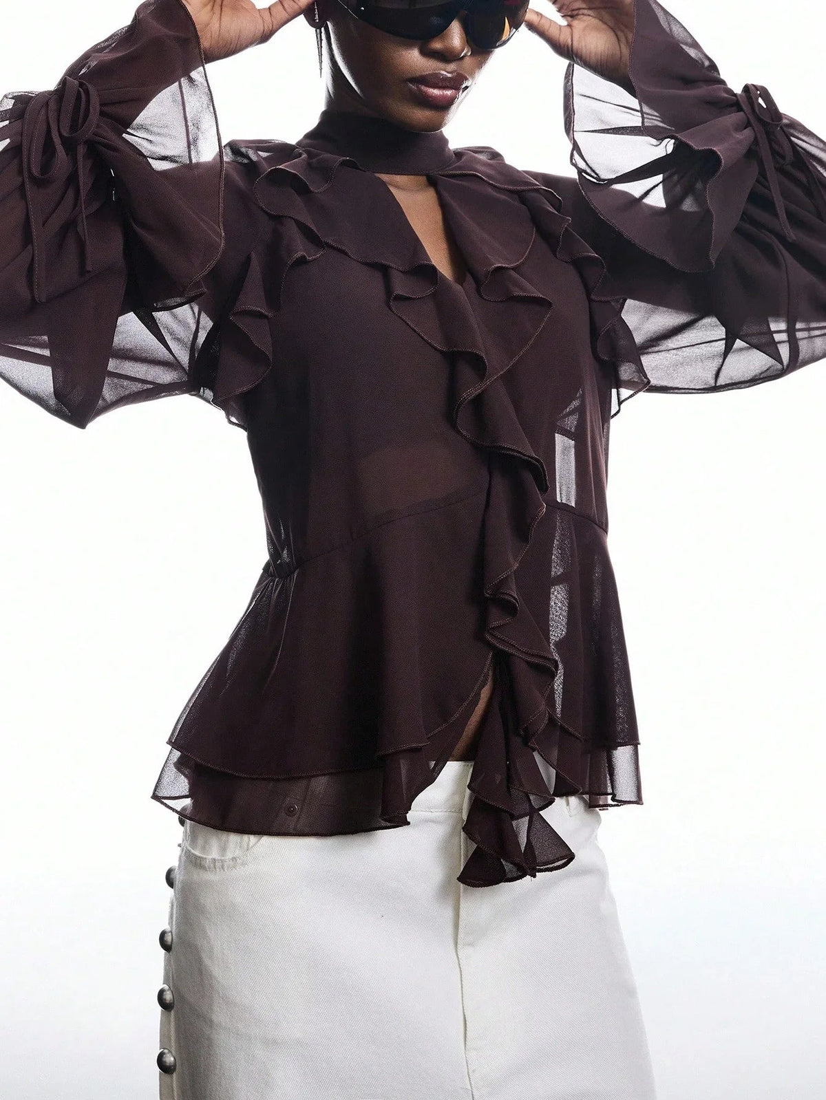 Blouse with Neck Tie and Ruffle Sleeves