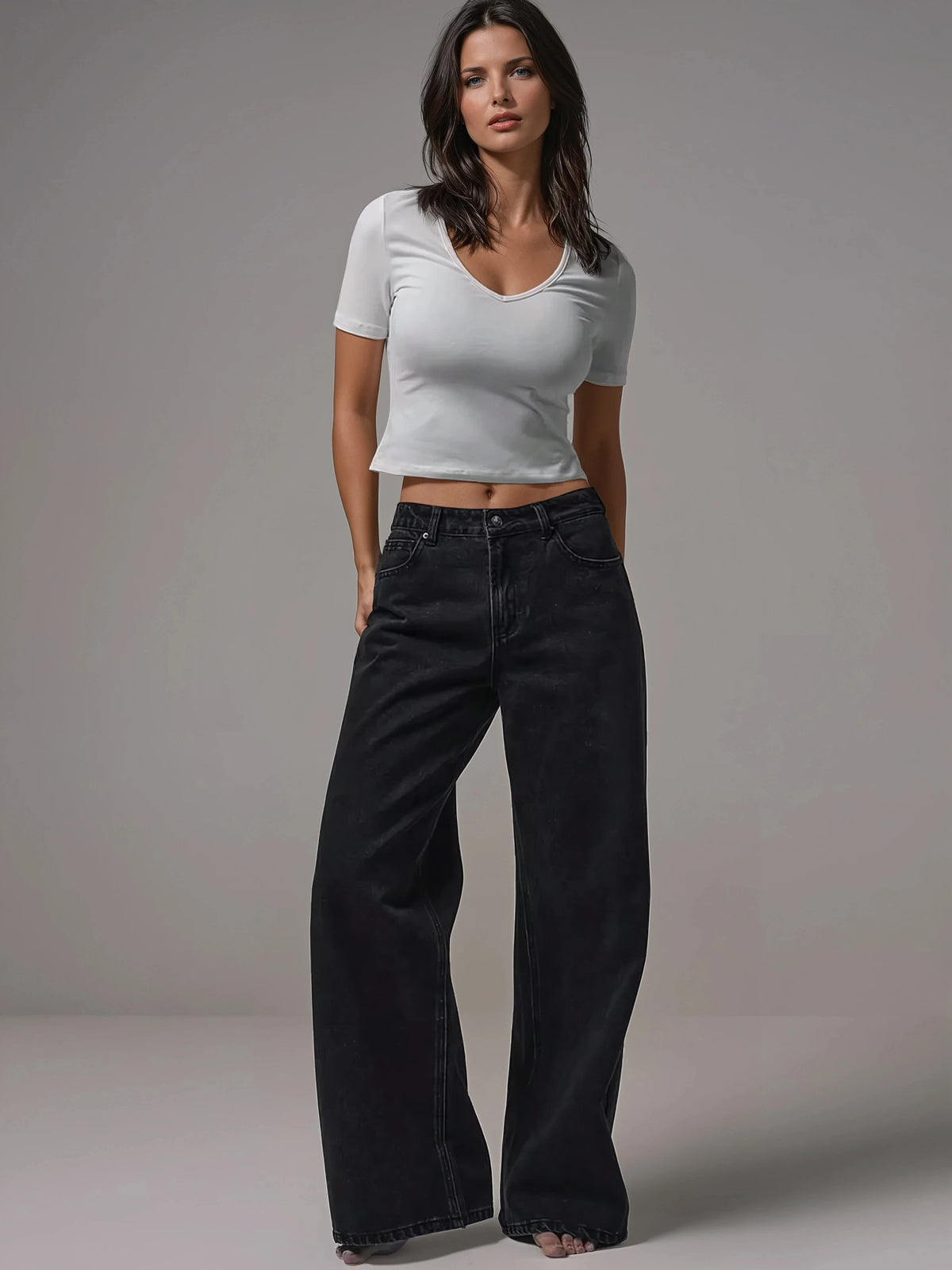 Jeans de Pierna Ancha y Tiro Medio con Botones Plateados
